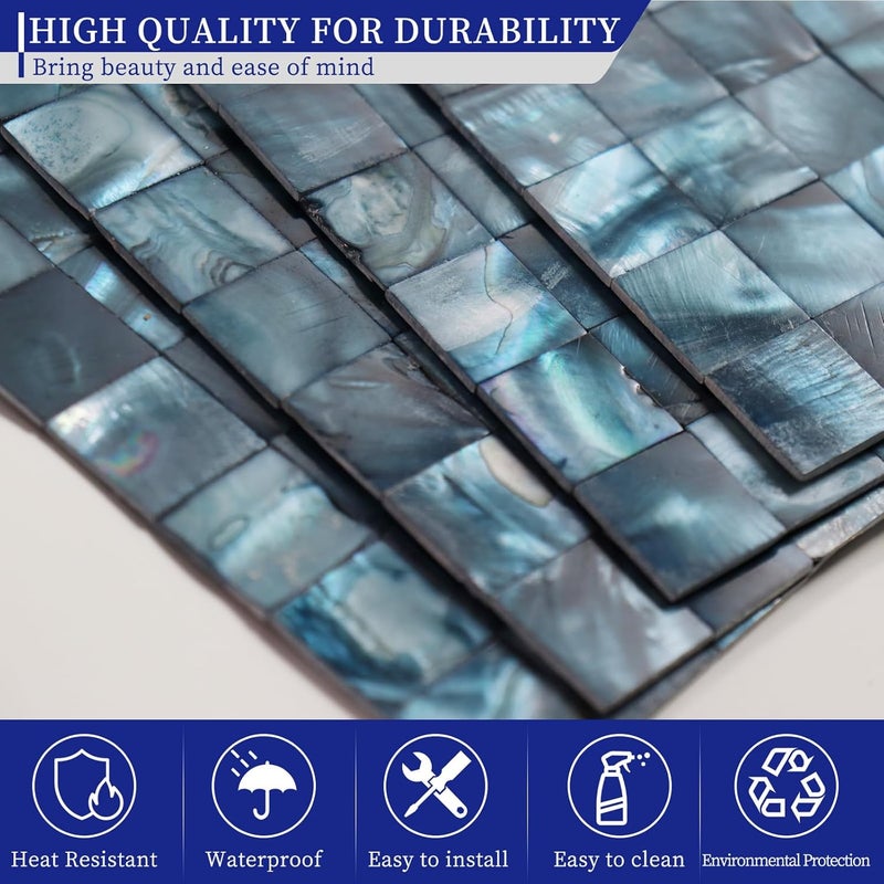 Mop Mother of Pearl Peel and Stick Backsplash Shell Mosaic Subway Tile, for Living Room Background Wall and Kitchen 12"x12" Dark Blue 10 Sheets - Image 3